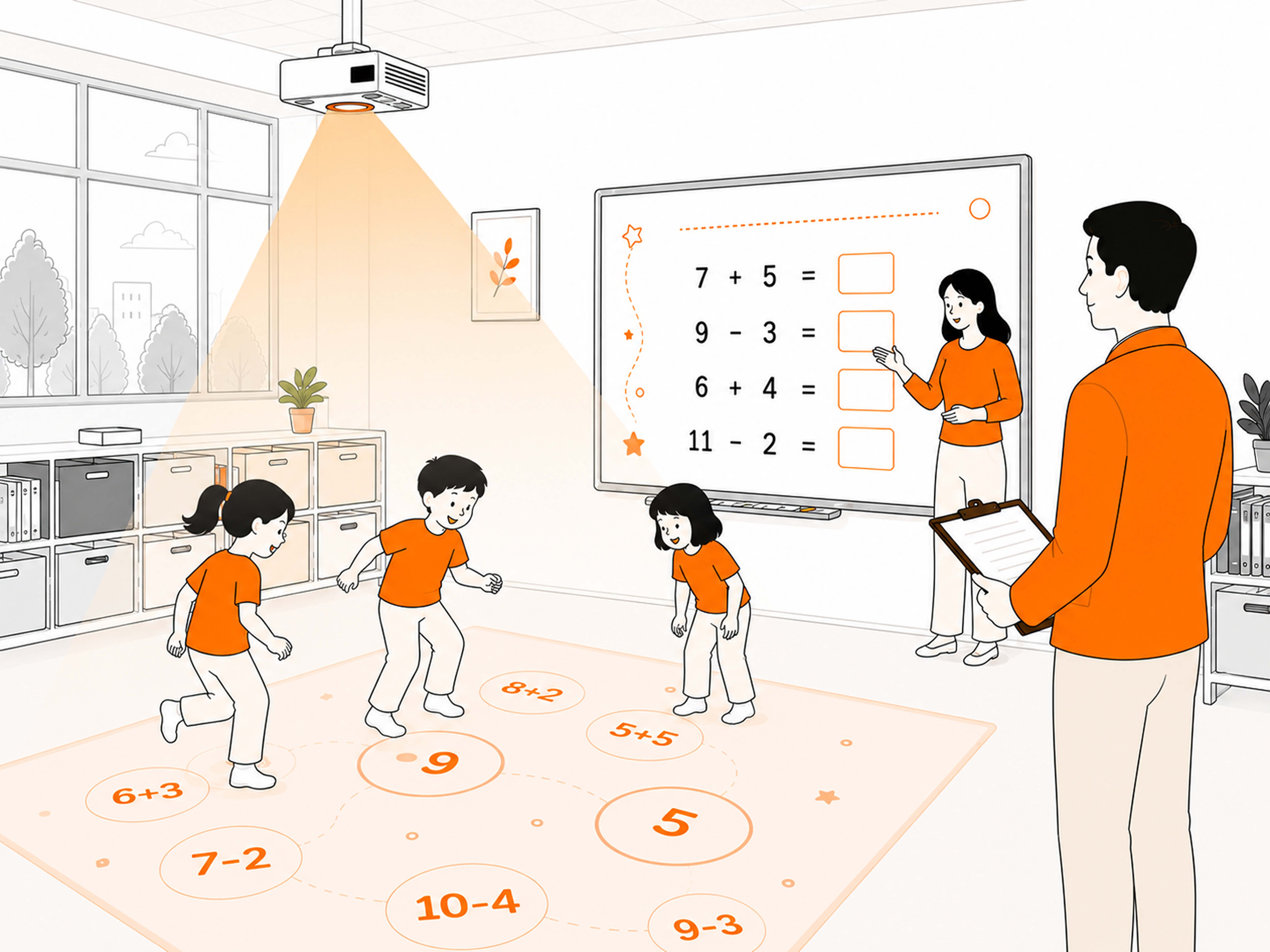A principal watching a class in a room with an interactive device