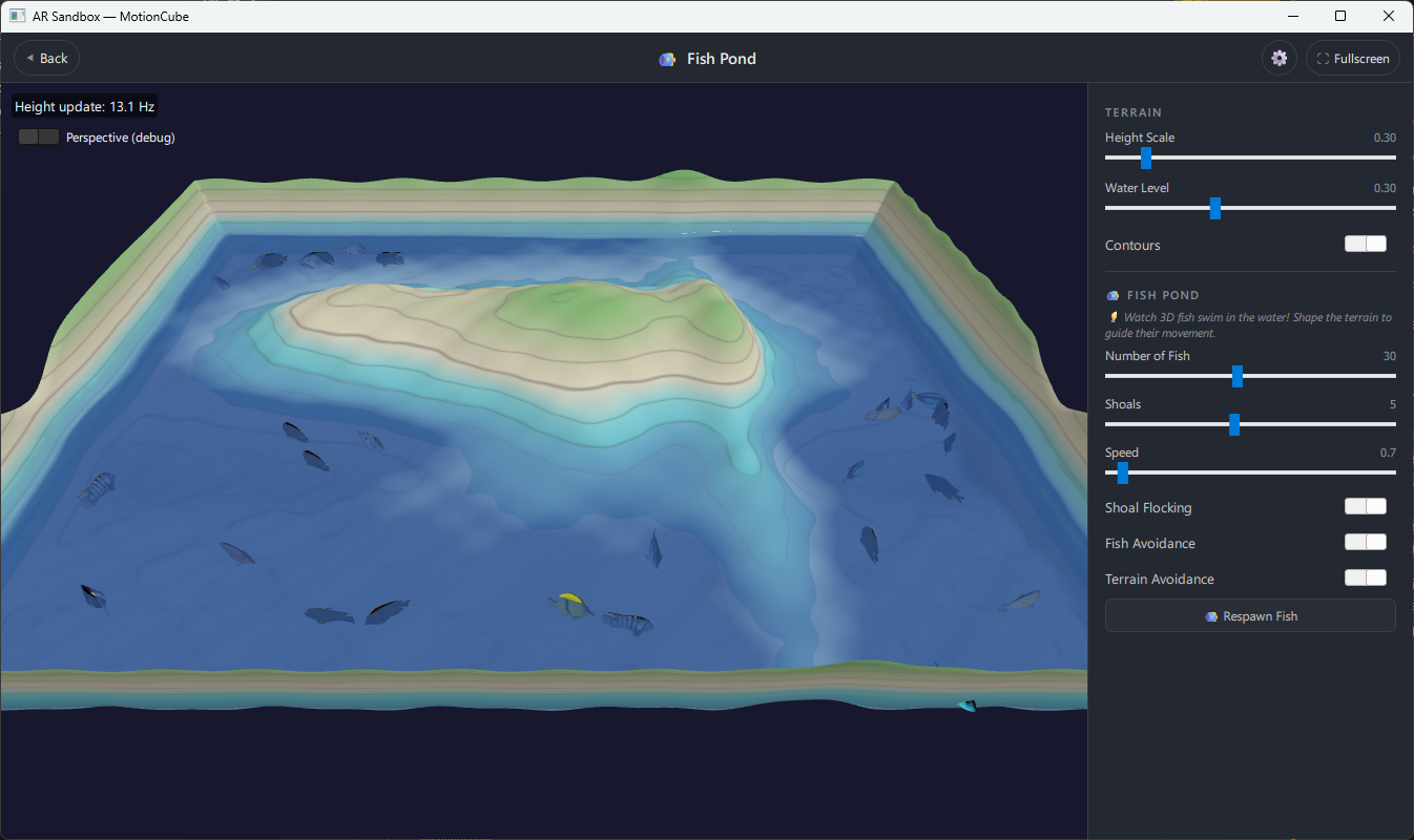 AR Sandbox — fish pond visualisation with terrain controls