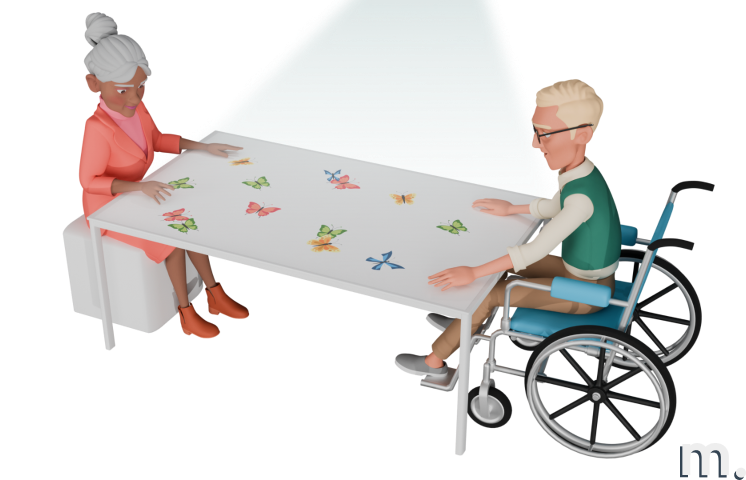 Older adults using an interactive table, one of them in a wheelchair