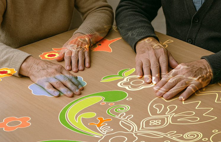 Hands of two older adults moving interactive elements projected on a tabletop