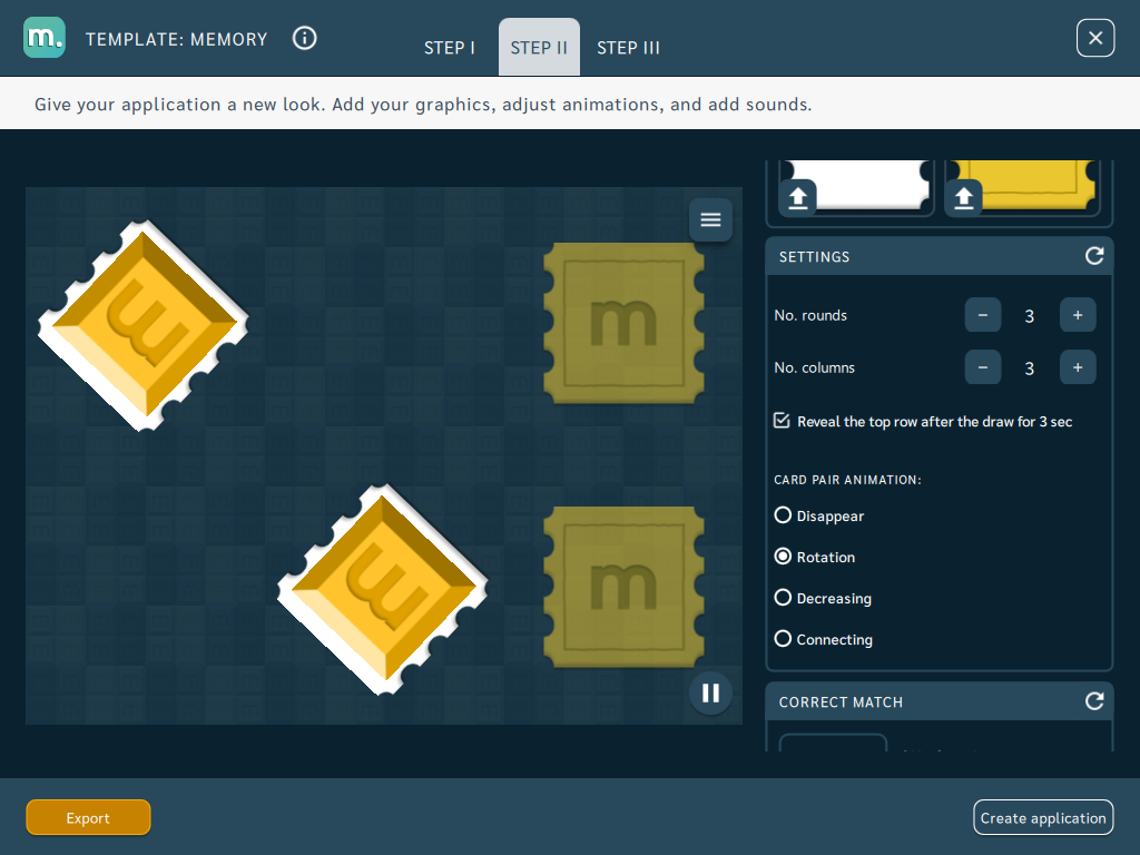Memory game template, rotating cards, Motioncube